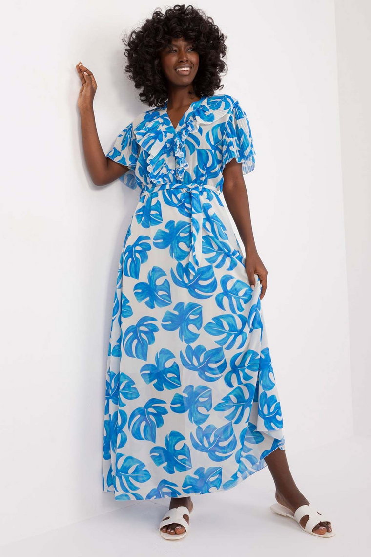 Damska sukienka letnia maxi z printem w niebieskie liście