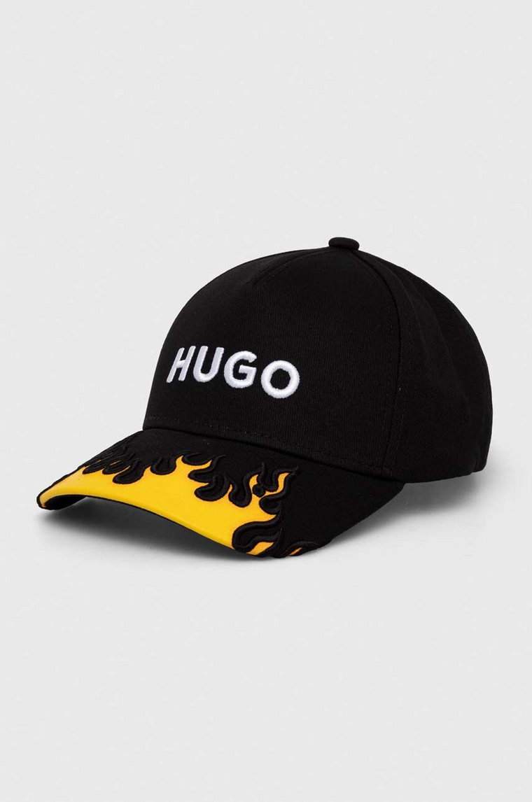 HUGO czapka z daszkiem bawełniana kolor czarny z aplikacją 50506202