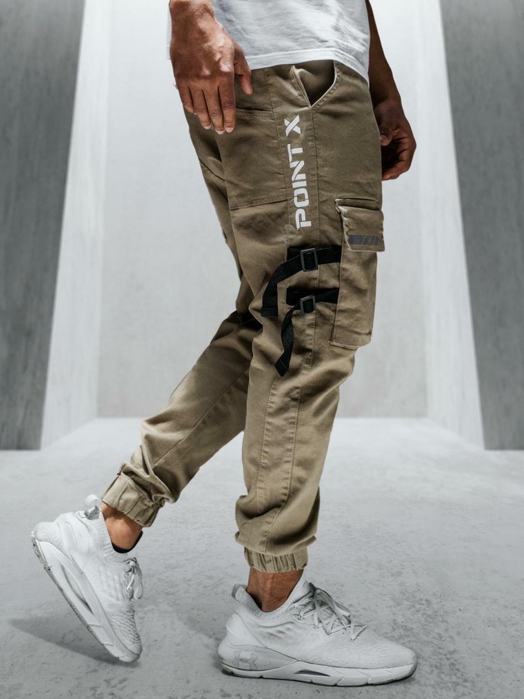 Spodnie Techwear Materiałowe Jogger Point X Reflective Cargo Beżowe