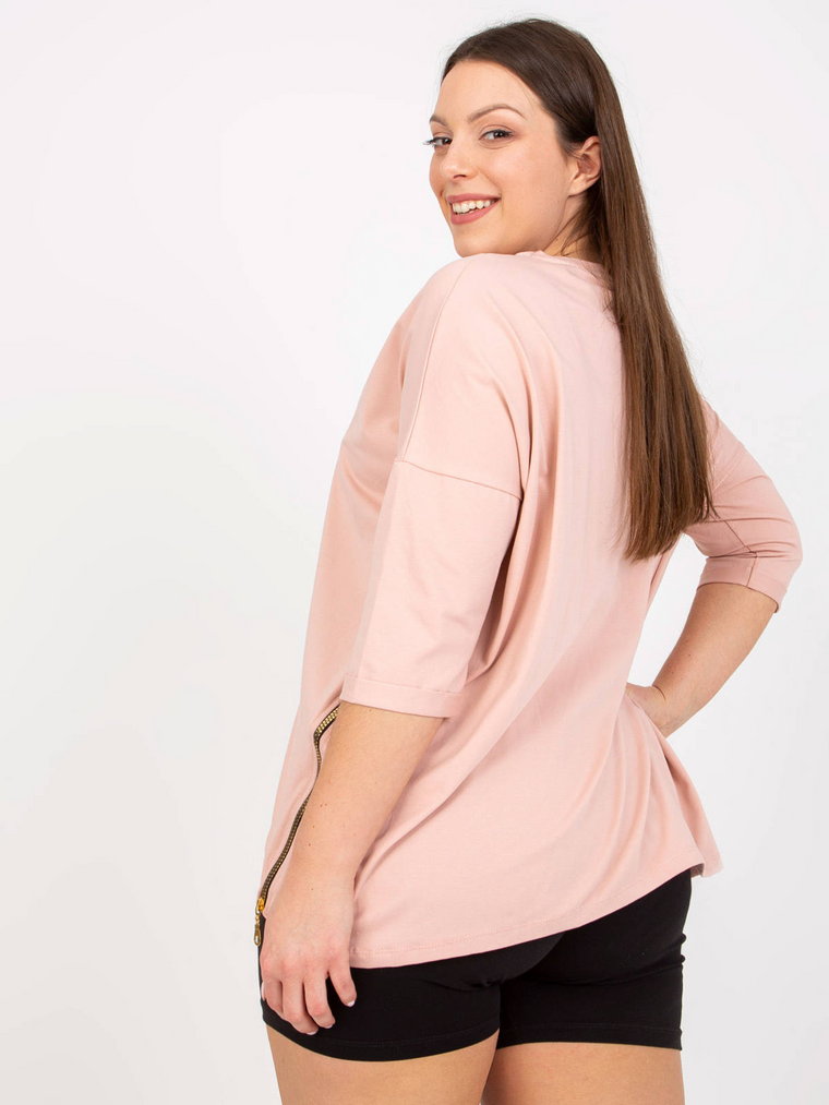 Bluzka plus size jasny różowy casual codzienna dekolt okrągły rękaw 3/4 dżety zamek