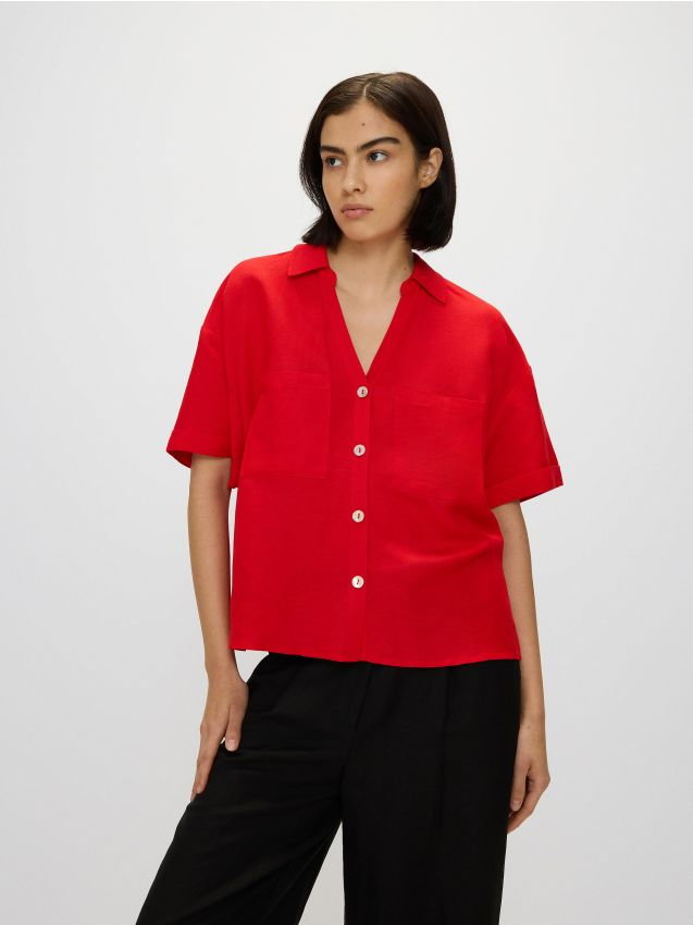 Reserved - Koszula z dodatkiem lnu - czerwony
