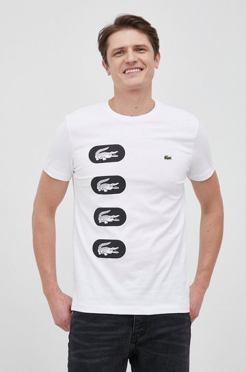 Lacoste T-shirt bawełniany kolor biały z nadrukiem