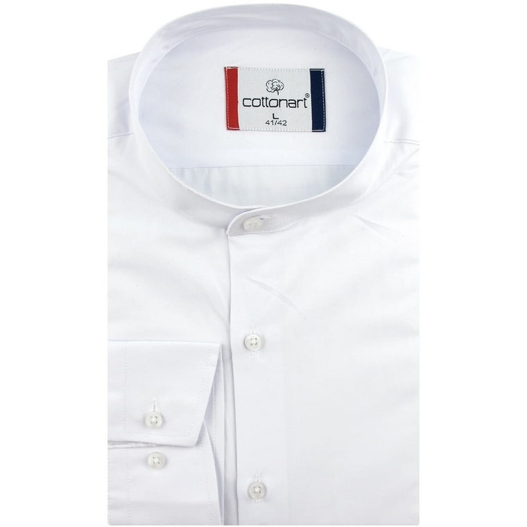 Koszula Męska Codzienna ze stójką gładka biała z długim rękawem w kroju SLIM FIT Cottonart E429
