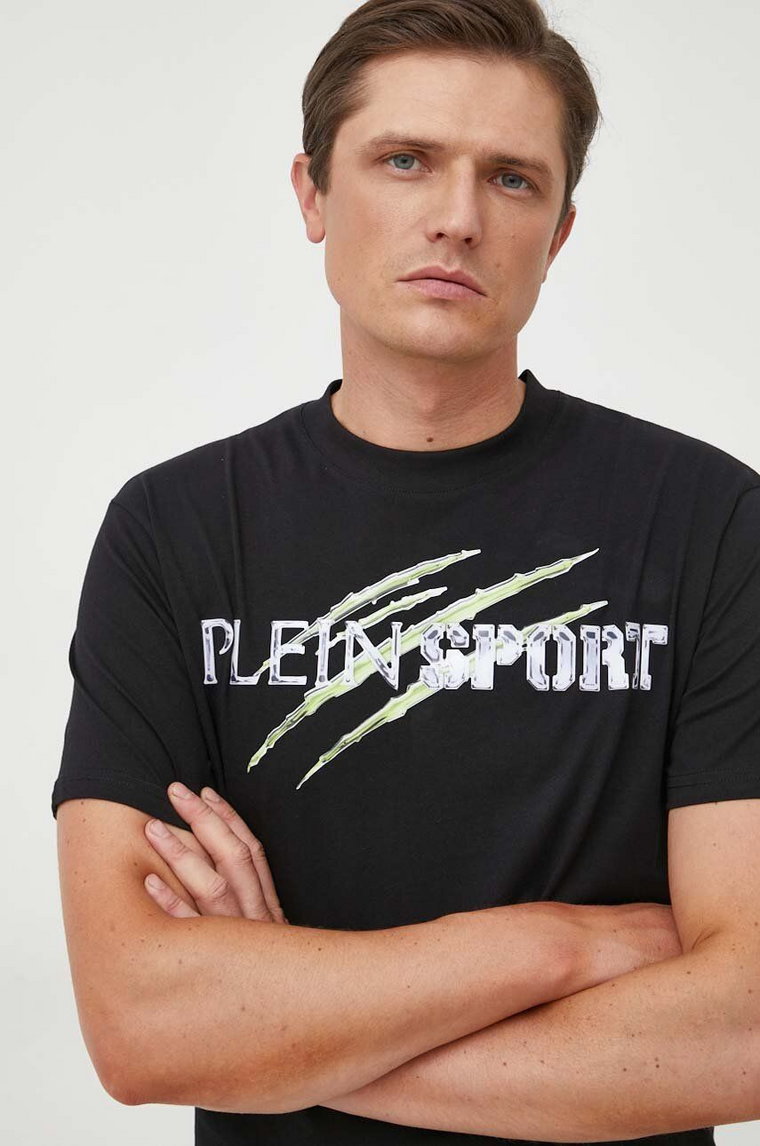 PLEIN SPORT t-shirt bawełniany kolor czarny z nadrukiem