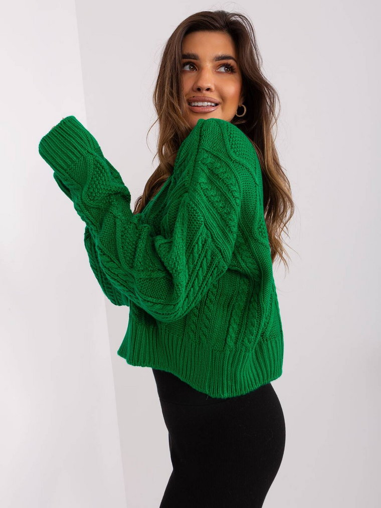 Sweter z warkoczami zielony casual dekolt w kształcie V rękaw długi długość krótka