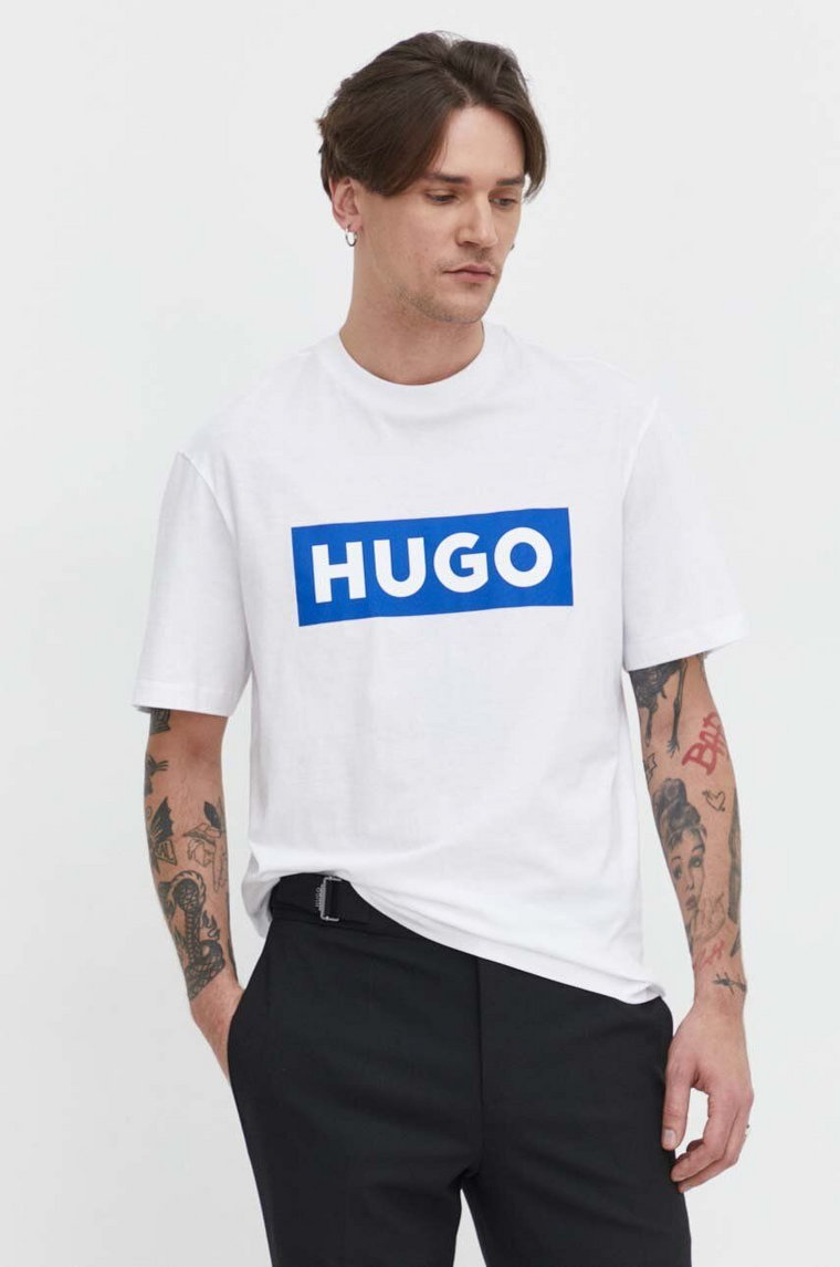 Hugo Blue t-shirt bawełniany męski kolor biały z nadrukiem 50522376