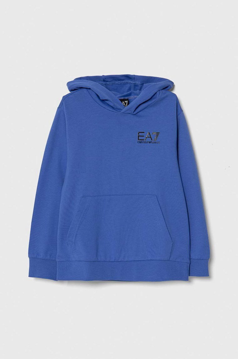 EA7 Emporio Armani bluza bawełniana dziecięca kolor niebieski z kapturem z nadrukiem