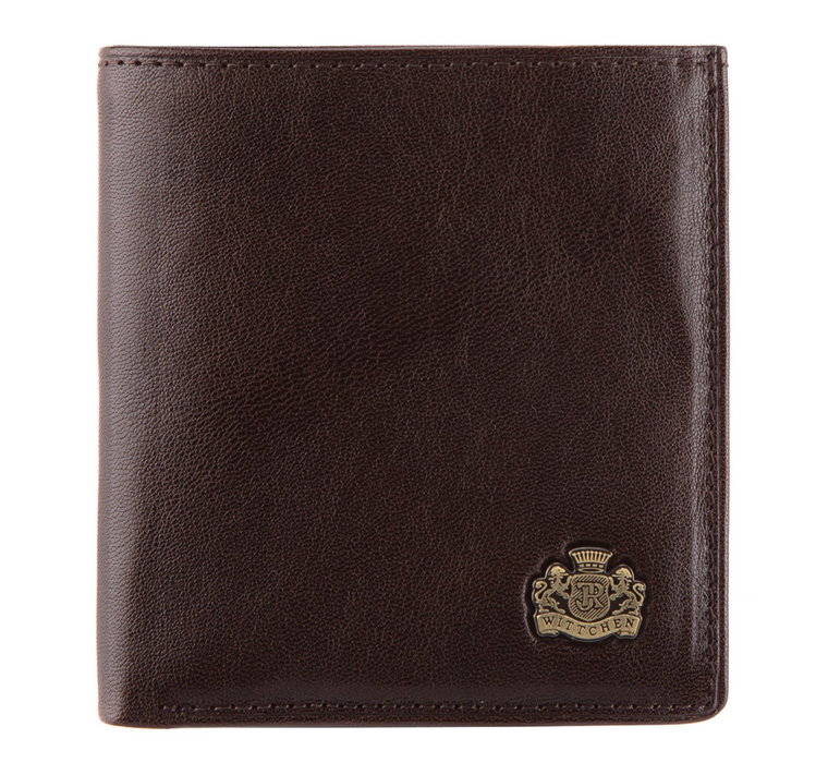 Damski portfel skórzany z herbem na zatrzask brązowy