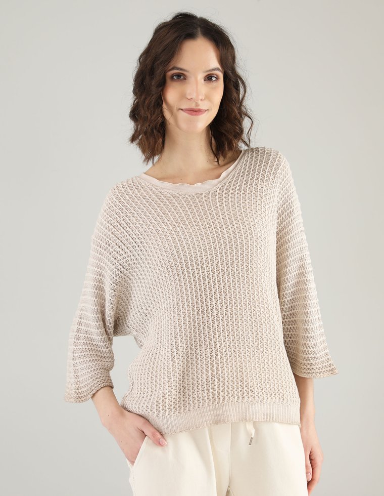 BEŻOWY AŻUROWY SWETER 220-6002 BEIGE