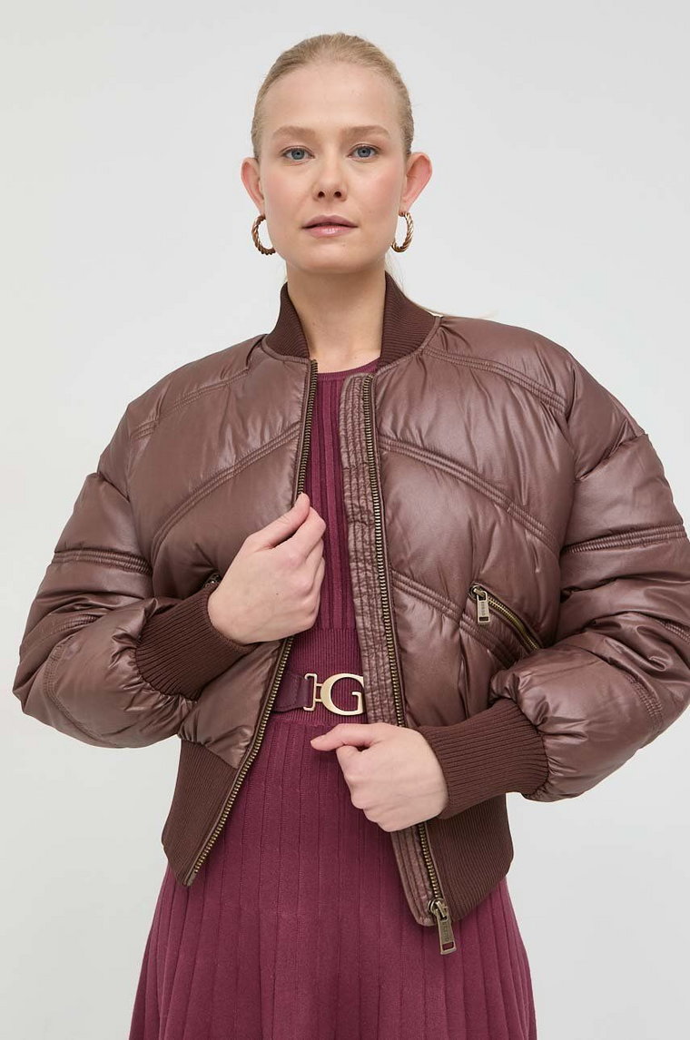 Guess kurtka bomber damski kolor brązowy zimowa oversize