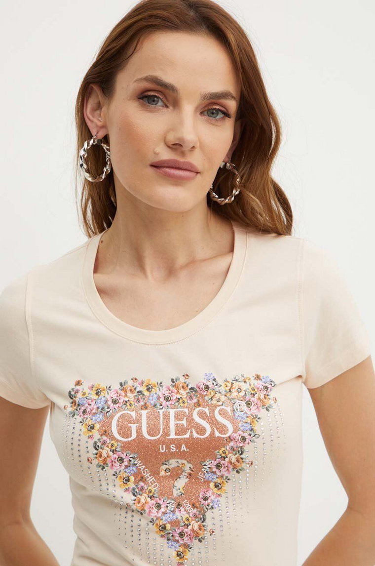 Guess t-shirt BOUQUET damski kolor beżowy W4YI72 J1314