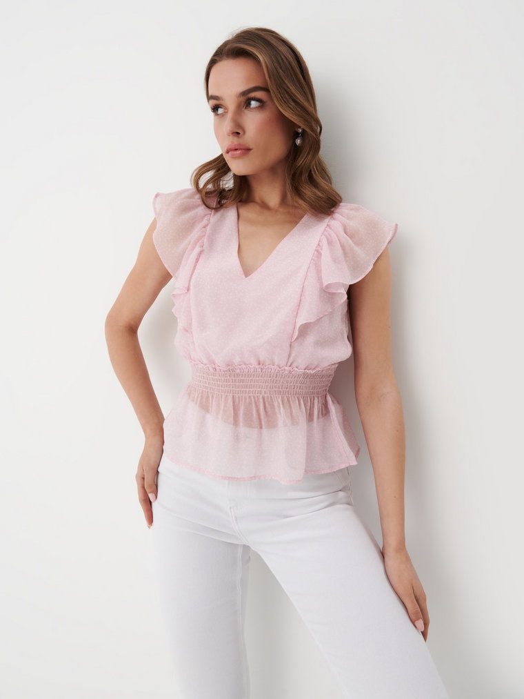 Mohito - Wzorzysta bluzka z falbanami - pastelowy różowy