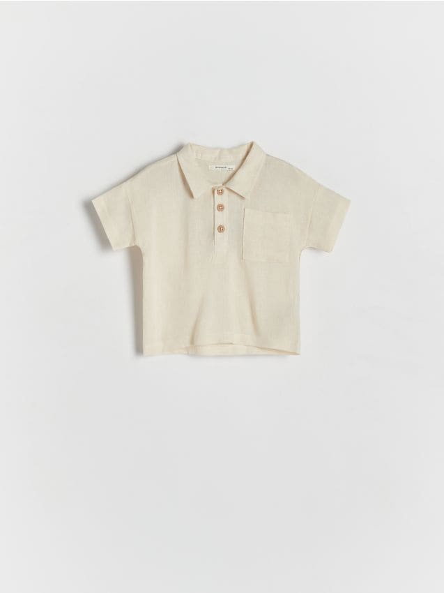 Reserved - T-shirt polo z lnem - złamana biel