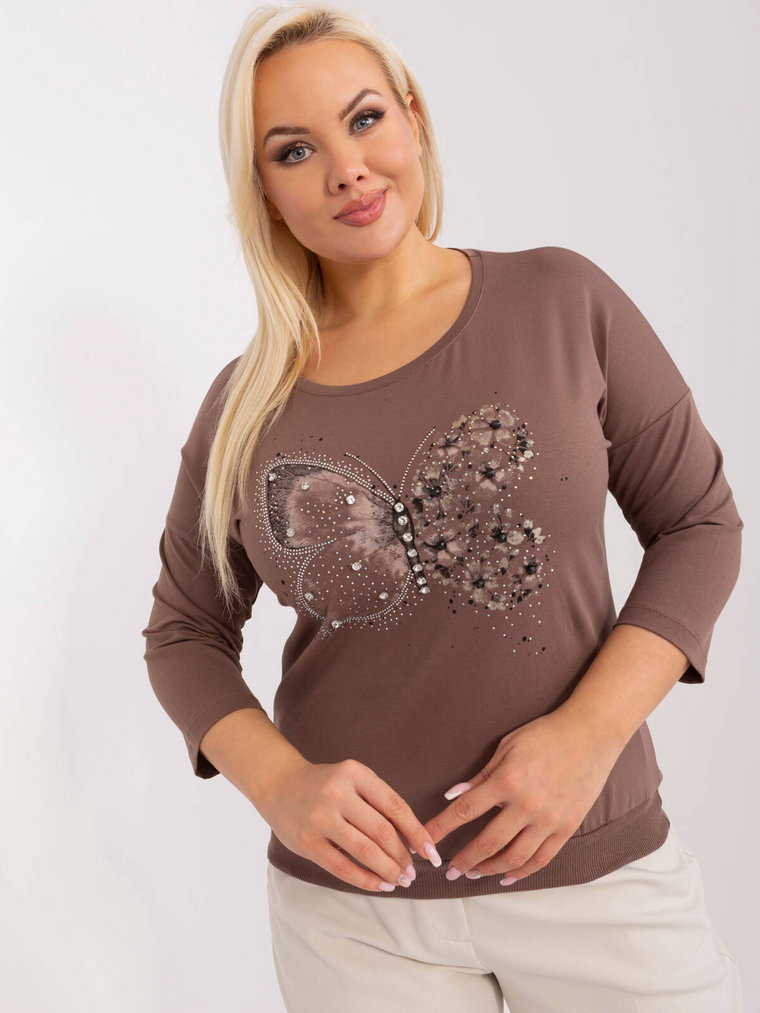 Bluzka plus size brązowy casual codzienna dekolt okrągły rękaw 3/4 cyrkonie dżety