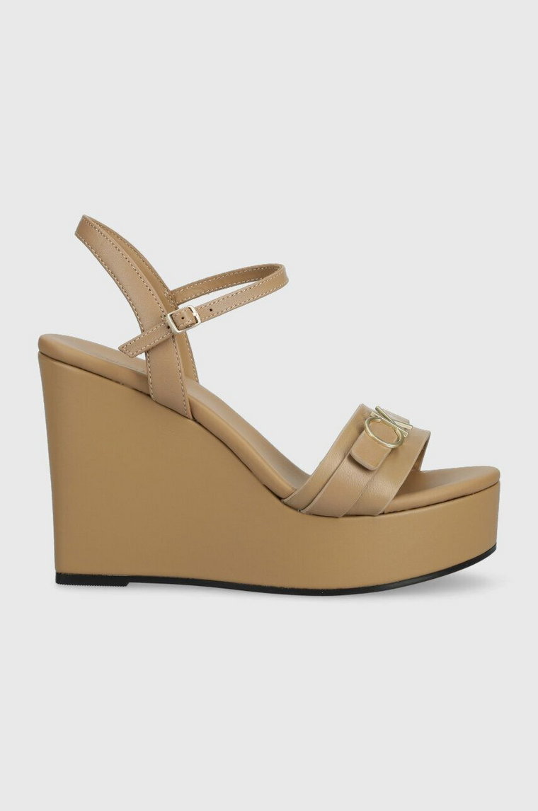 Calvin Klein sandały skórzane WEDGE 70HH W/HW damskie kolor beżowy na koturnie HW0HW01485