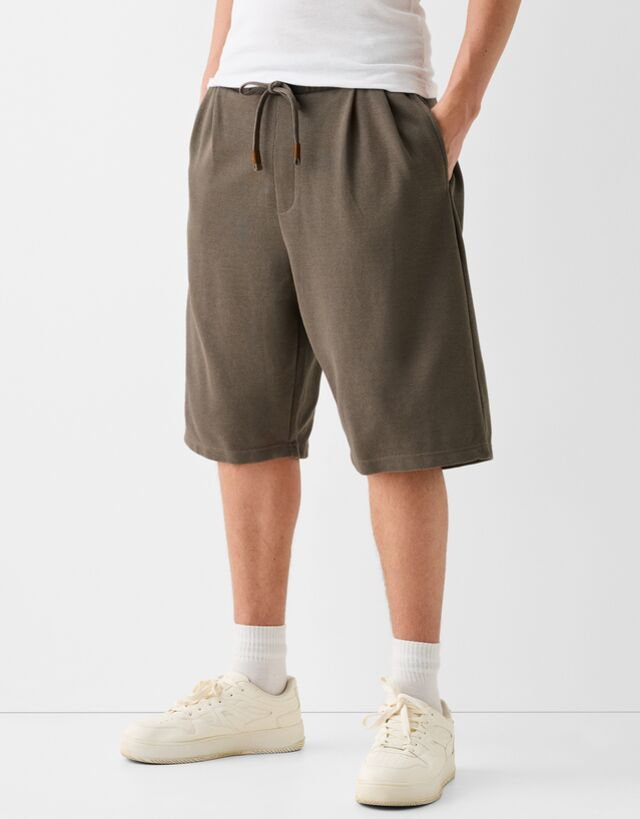 Bershka Prążkowane Bermudy Baggy Mężczyzna Xs Khaki