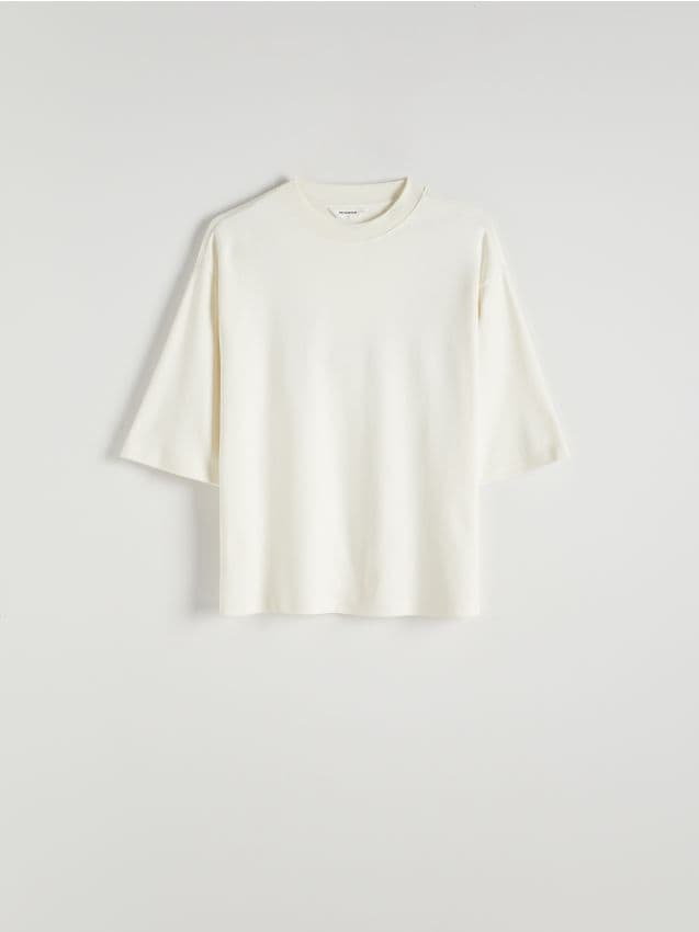 Reserved - Gładki T-shirt oversize - złamana biel