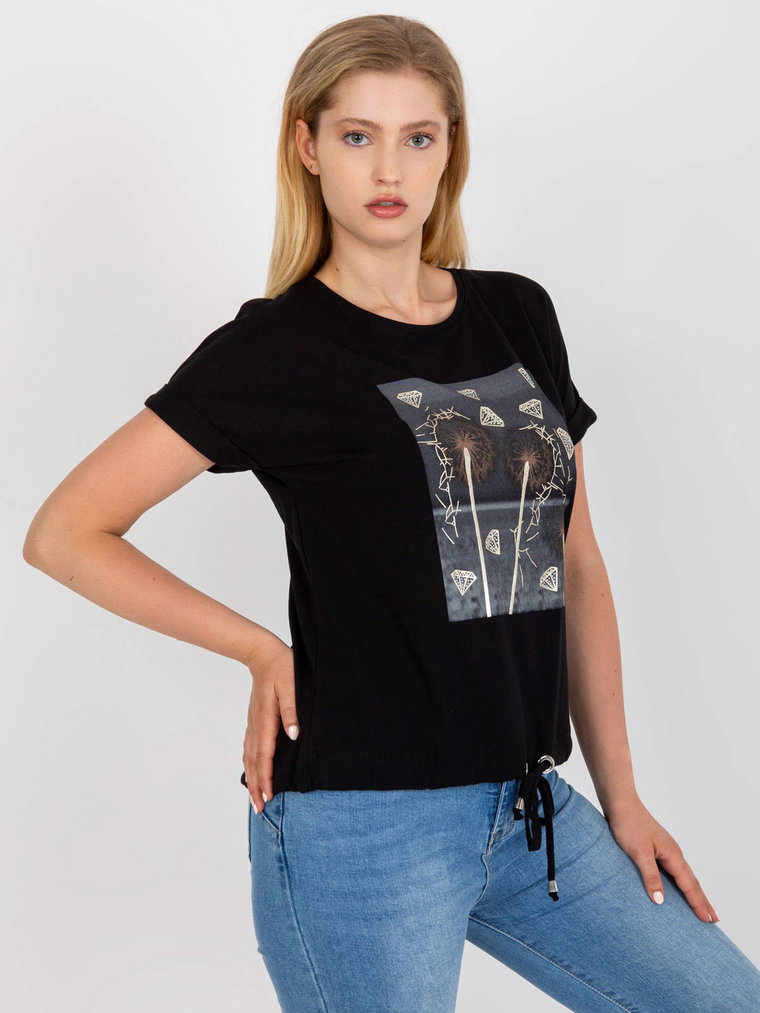 T-shirt plus size czarny casual dekolt okrągły rękaw krótki dżety