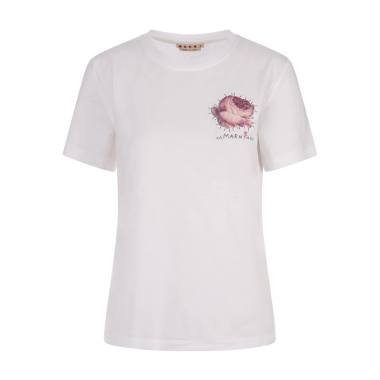 Biała Kwiatowa Aplikacja T-shirt z okrągłym dekoltem Marni