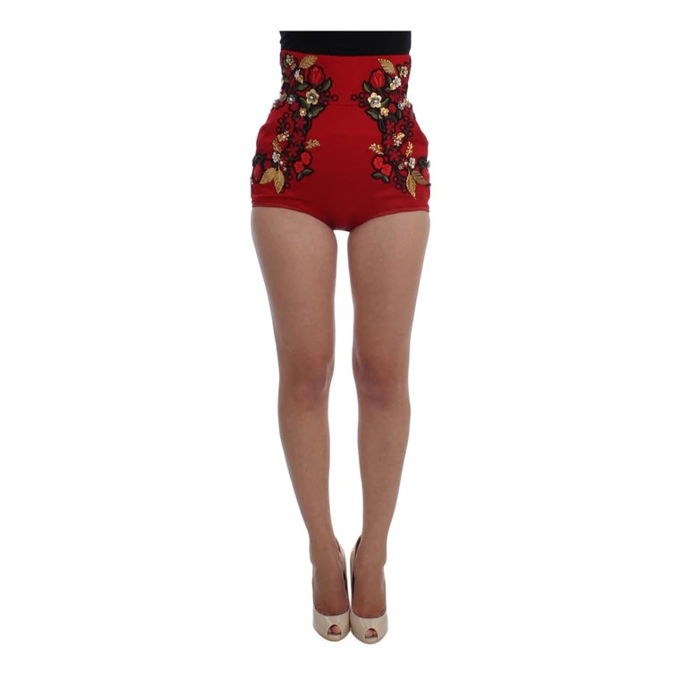 Red Silk Pearls Roses Shorts Dolce & Gabbana