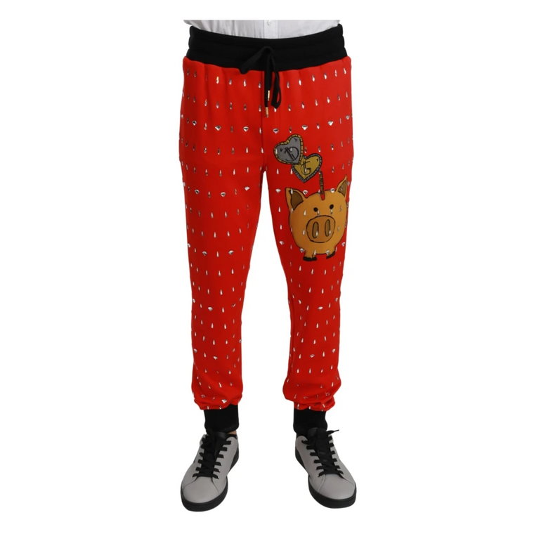 Czerwone Spodnie z Kryształami Skarbonki Dolce & Gabbana