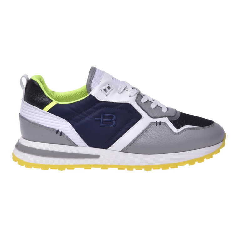 Running trainers in grey leather and blue fabric Baldinini