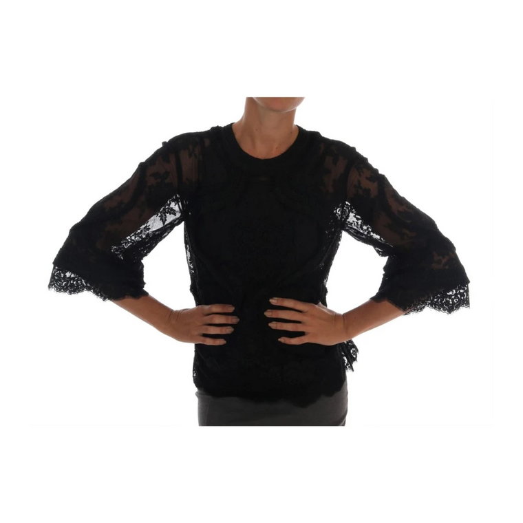 Black Floral Lace Cutout Silk Top Dolce & Gabbana