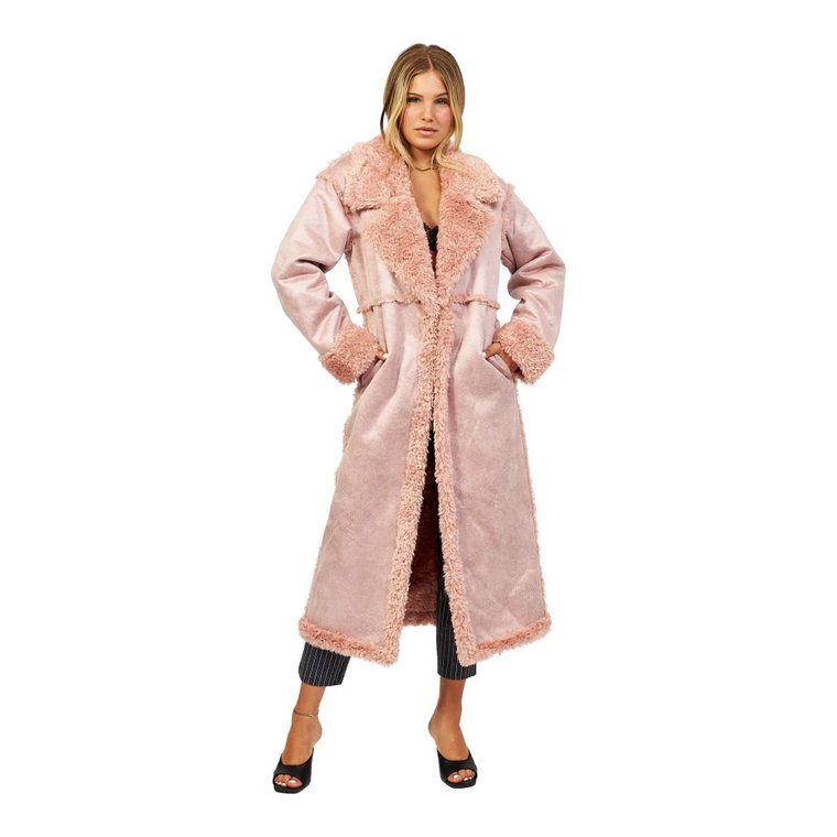 Długi różowy płaszcz z detalami z imitacji futra Fracomina