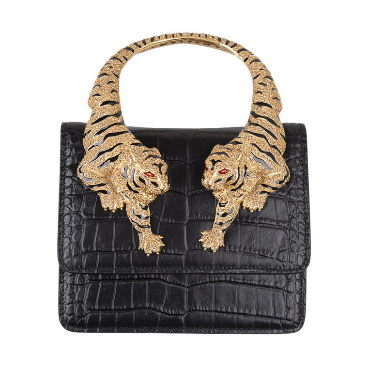 Czarna torba na ramię z wężowej skóry z kryształowym uchwytu w kształcie tygrysa Roberto Cavalli