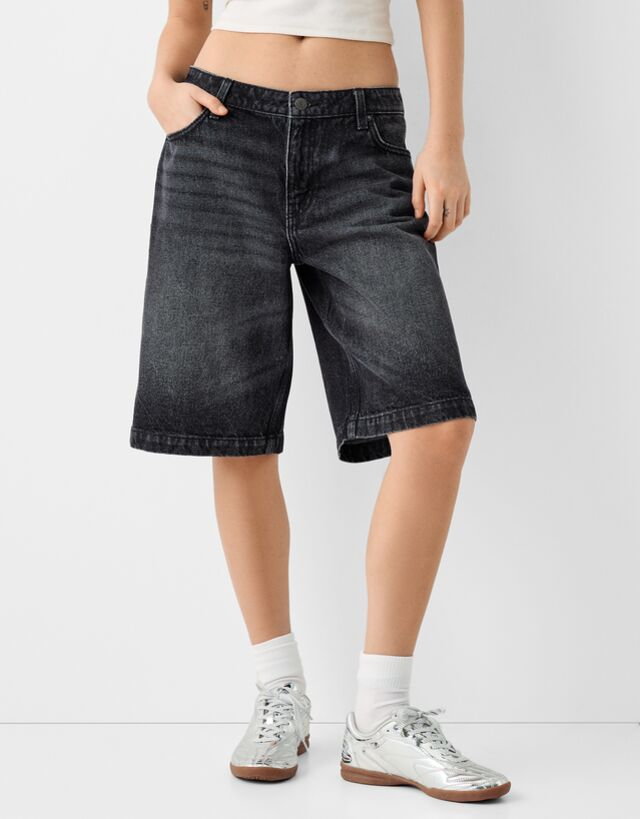 Bershka Jeansowe Bermudy O Kroju Baggy Kobieta 44 Czarny