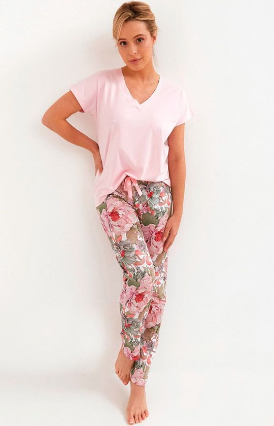 Bawełniana piżama damska w kwiaty 262, Kolor jasnoróżowy, Rozmiar S, Cana