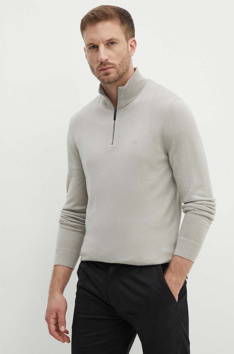 Calvin Klein sweter wełniany męski kolor szary lekki z golferm