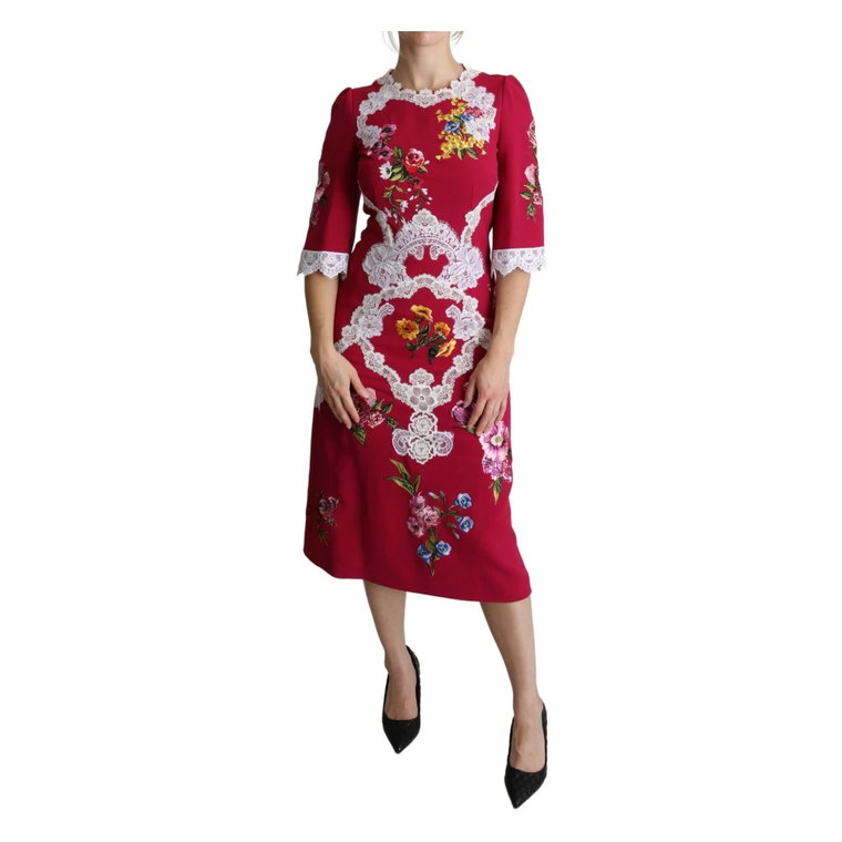 Czerwona Sukienka Ołówkowa Midi z Haftem Kwiatowym Dolce & Gabbana