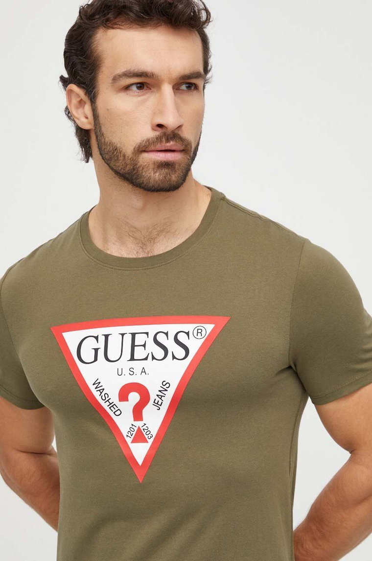 Guess t-shirt bawełniany męski kolor zielony z nadrukiem M2YI71 I3Z14