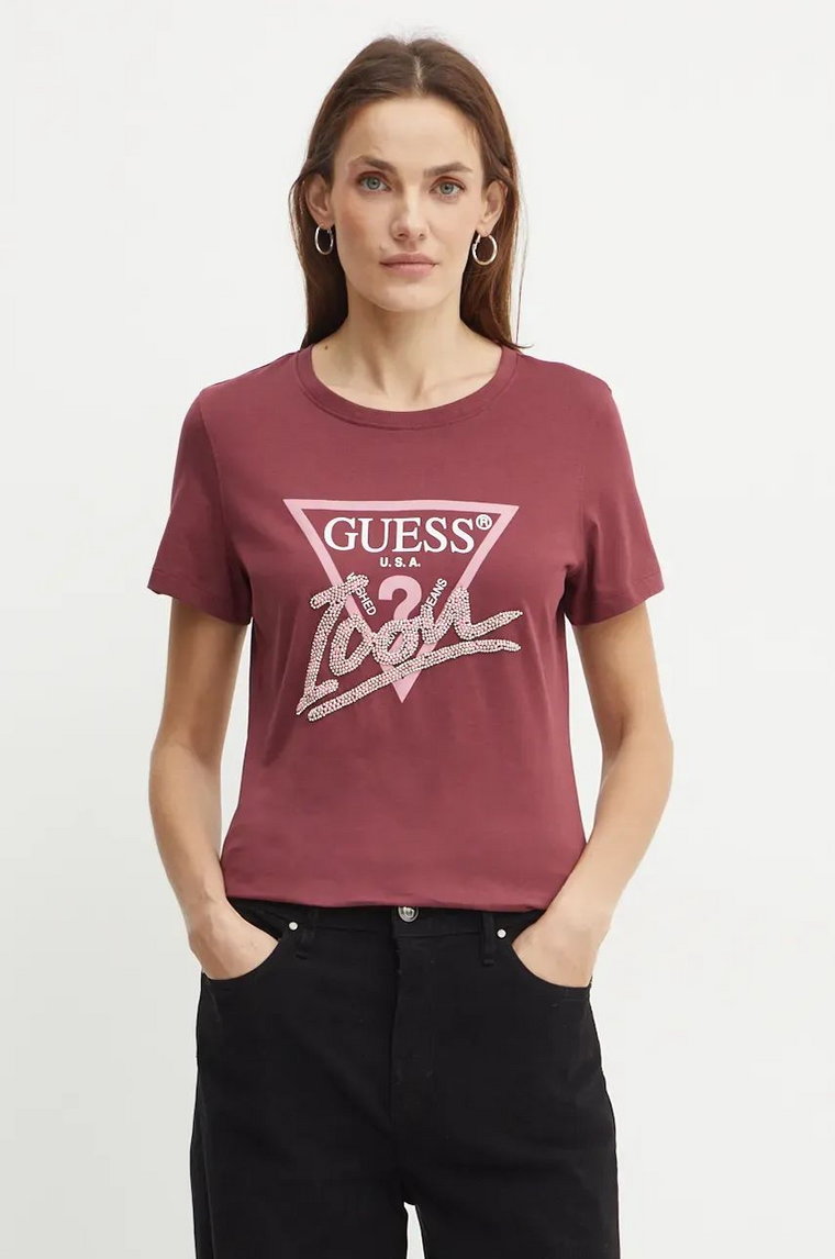 Guess t-shirt bawełniany damski kolor bordowy W4BI20 I3Z14