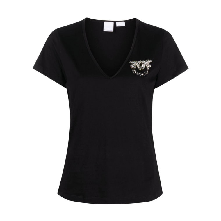 Czarne T-shirty i Pola z Kryształowymi/Zdobionymi Studsami Pinko