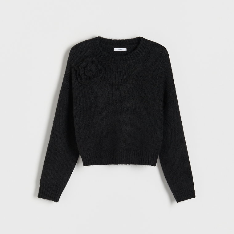 Reserved - Sweter z różą - czarny