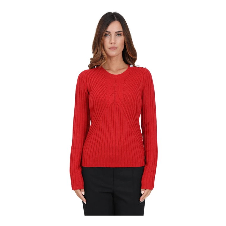 Czerwony Sweter z Dekoracyjnymi Guzikami i Plakietką z Logo Liu Jo