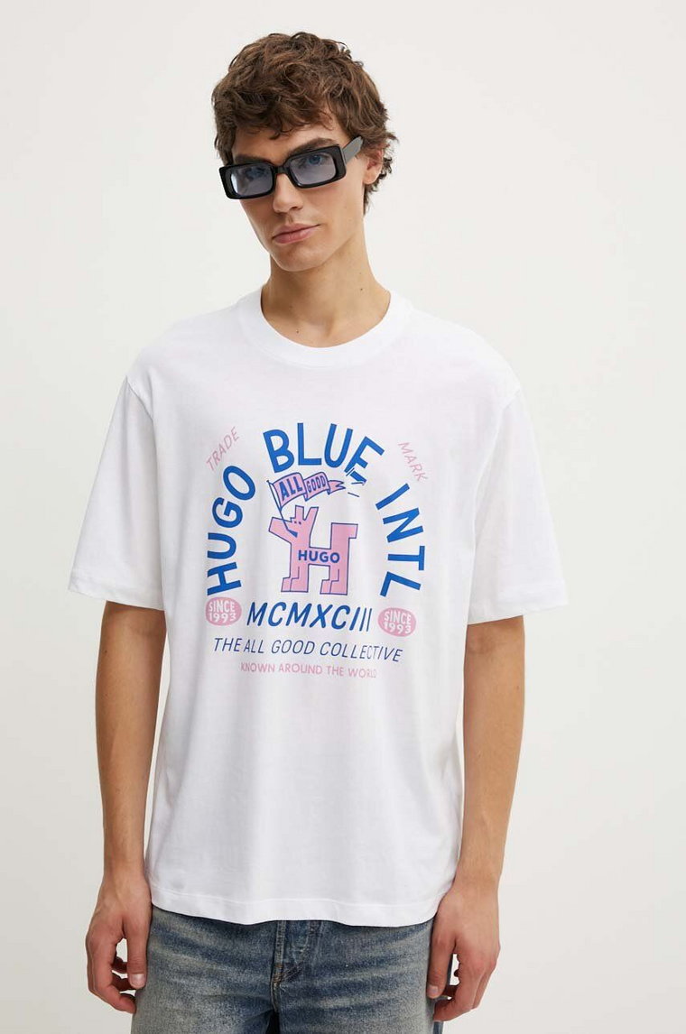 Hugo Blue t-shirt bawełniany męski kolor biały z nadrukiem 50519328