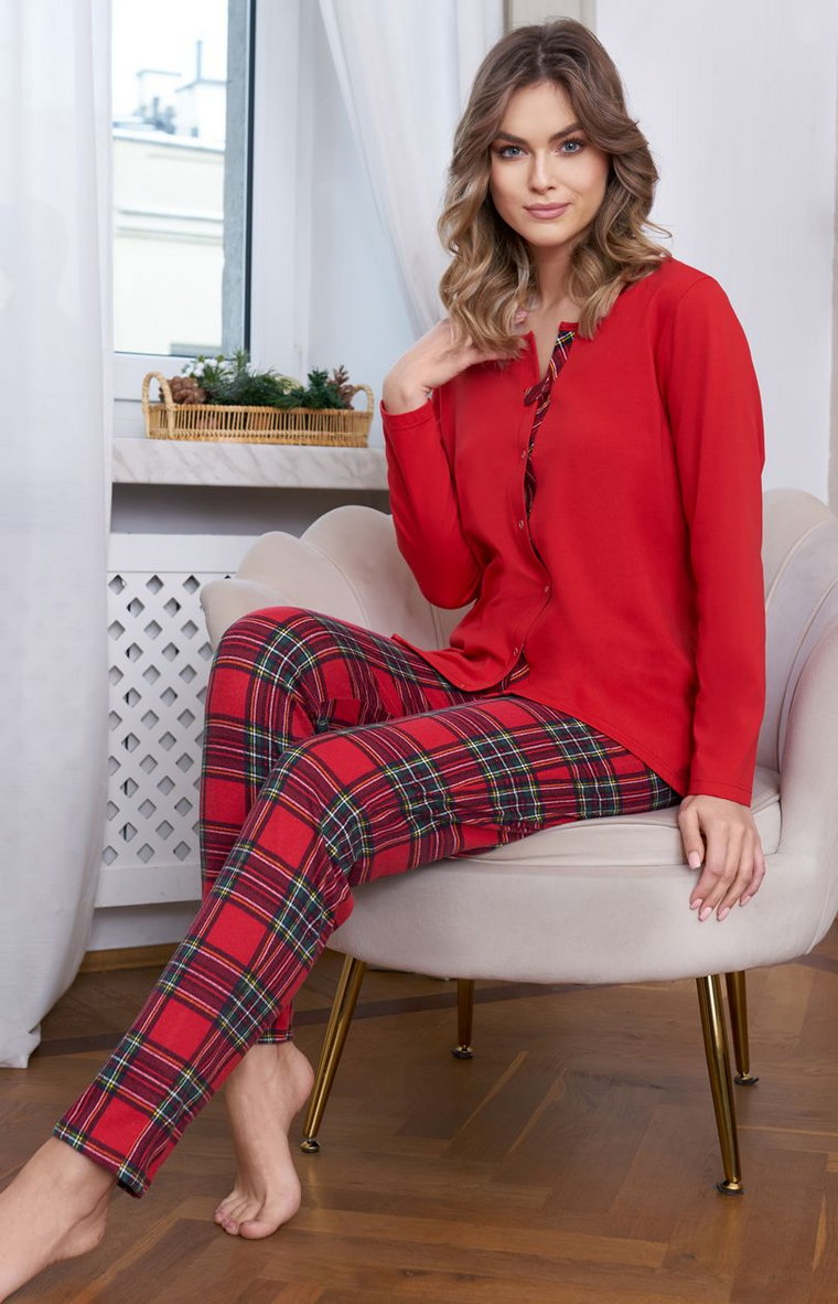 Czerwona piżama damska z długim rękawem i spodniami w kratę Zorza, Kolor czerwony-kratka, Rozmiar S, Italian Fashion