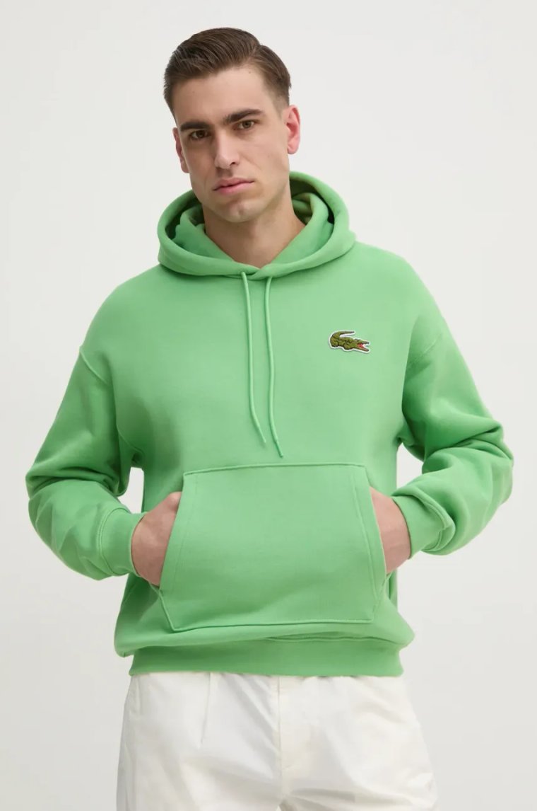 Lacoste bluza bawełniana męska kolor zielony z kapturem gładka SH2754