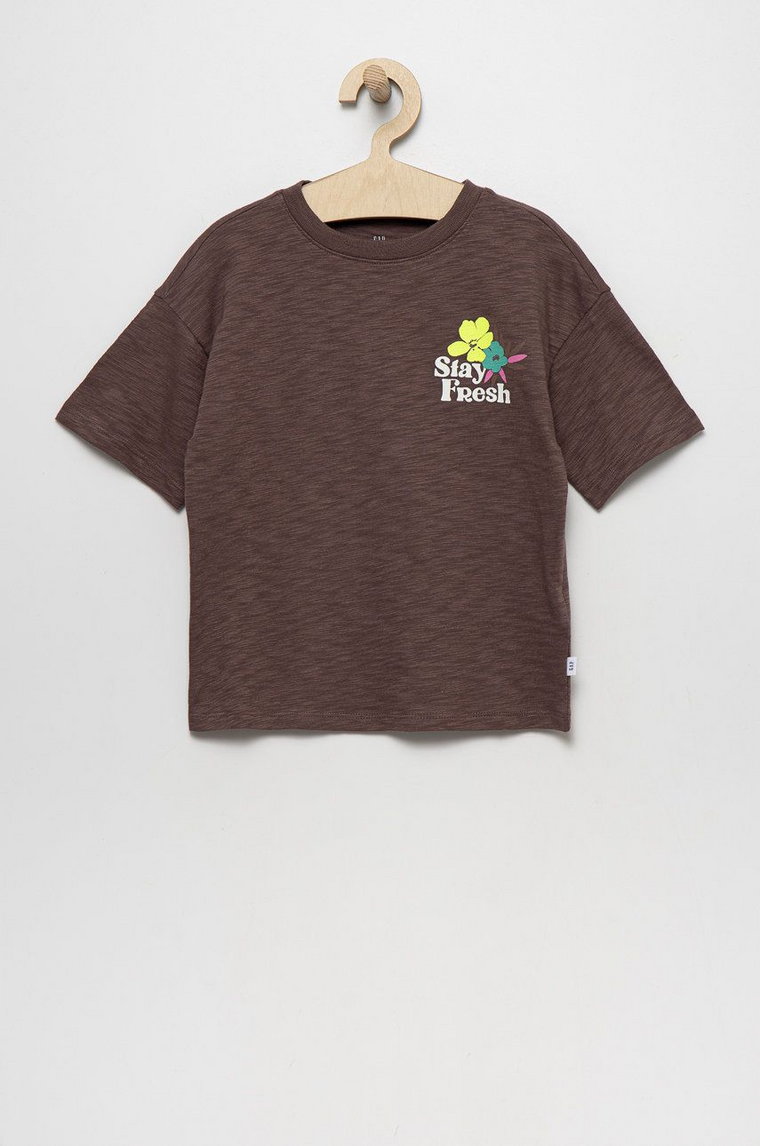 GAP t-shirt bawełniany dziecięcy kolor brązowy z nadrukiem