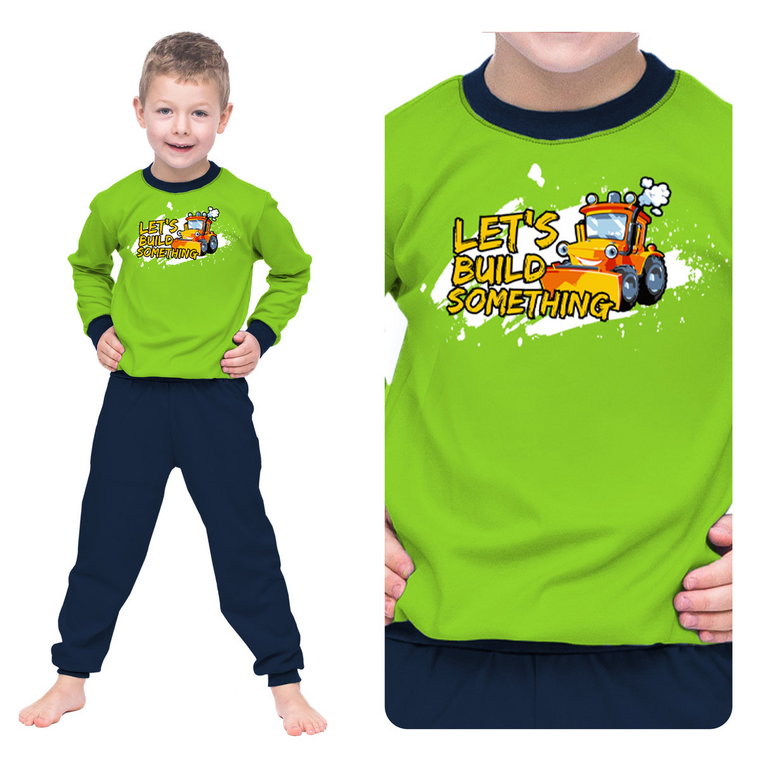 Piżama Dziecięca Dla Chłopca Zielona Ciepła Długi Rękaw Bawełna 100 % Z Koparką 116
