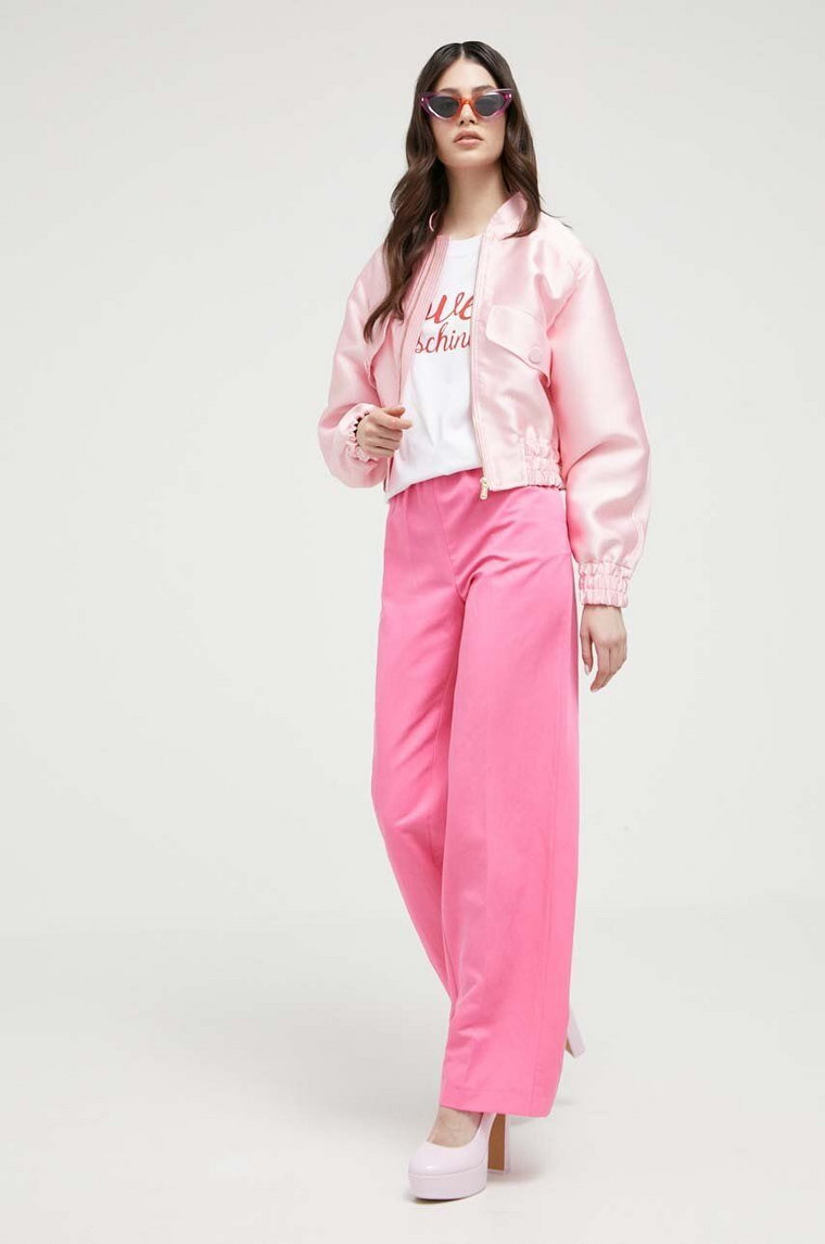 Love Moschino spodnie z domieszką lnu kolor różowy proste high waist