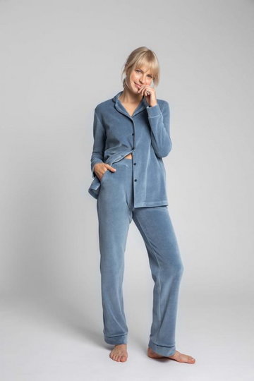 Welurowe Spodnie od Piżamy z Kontrastowymi Lamówkami - Niebieskie