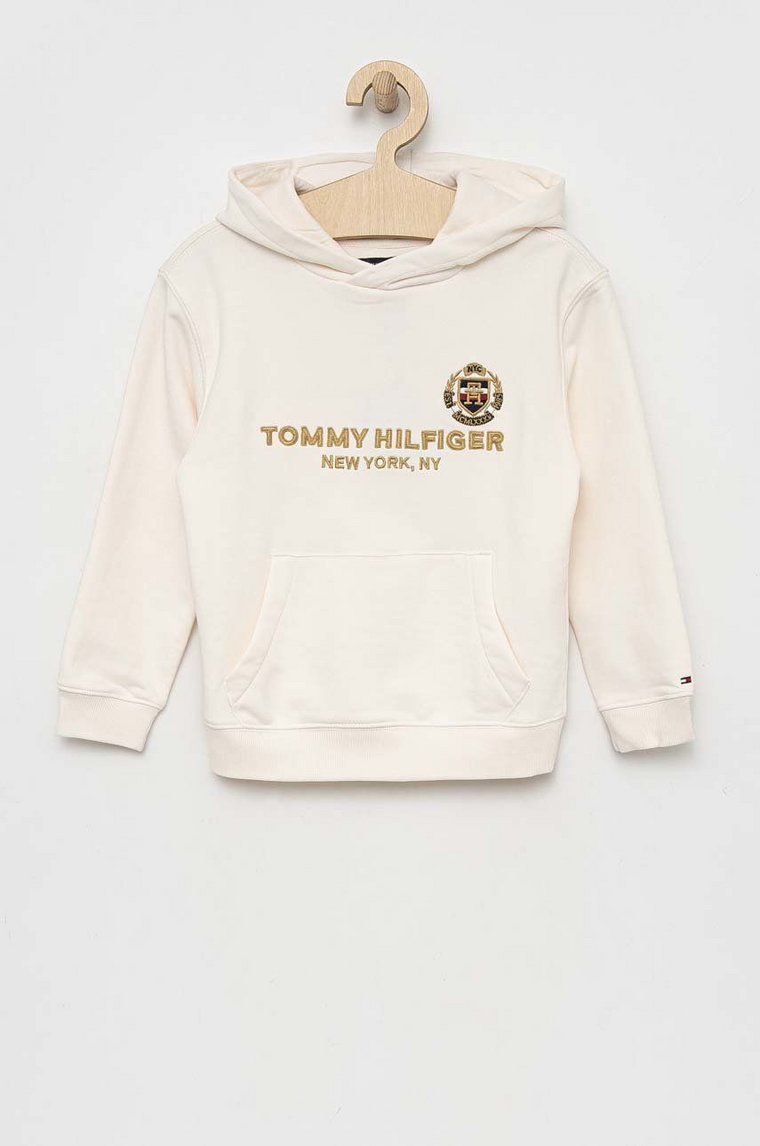 Tommy Hilfiger bluza dziecięca kolor beżowy z kapturem z nadrukiem