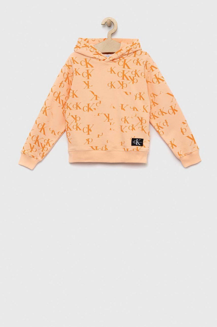 Calvin Klein Jeans bluza dziecięca kolor pomarańczowy z kapturem wzorzysta