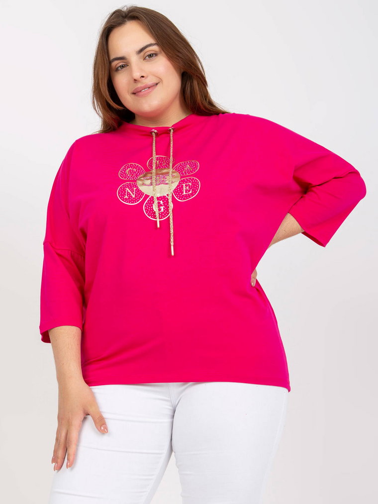 Bluzka plus size fuksjowy casual codzienna dekolt okrągły rękaw 3/4 dżety troczki