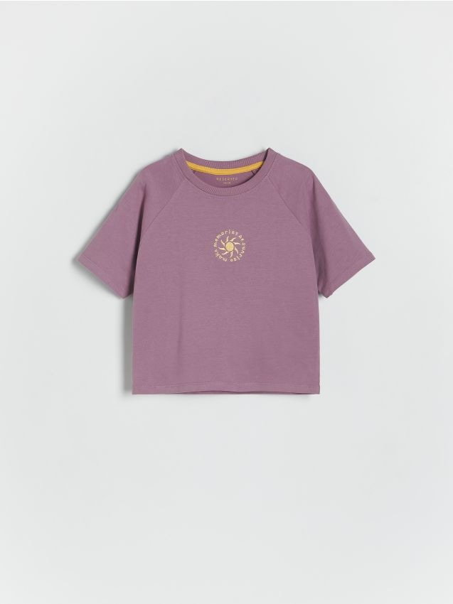 Reserved - T-shirt oversize z haftem - fioletowy