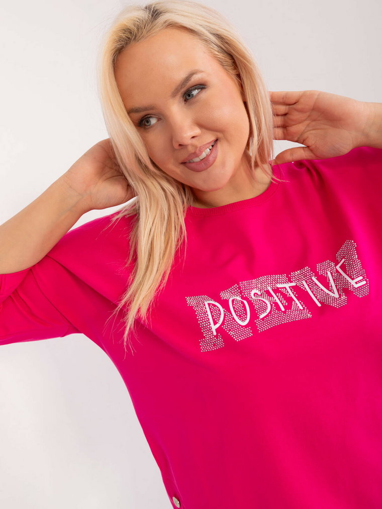 Bluzka plus size fuksjowy casual codzienna dekolt okrągły rękaw 3/4 dżety guziki